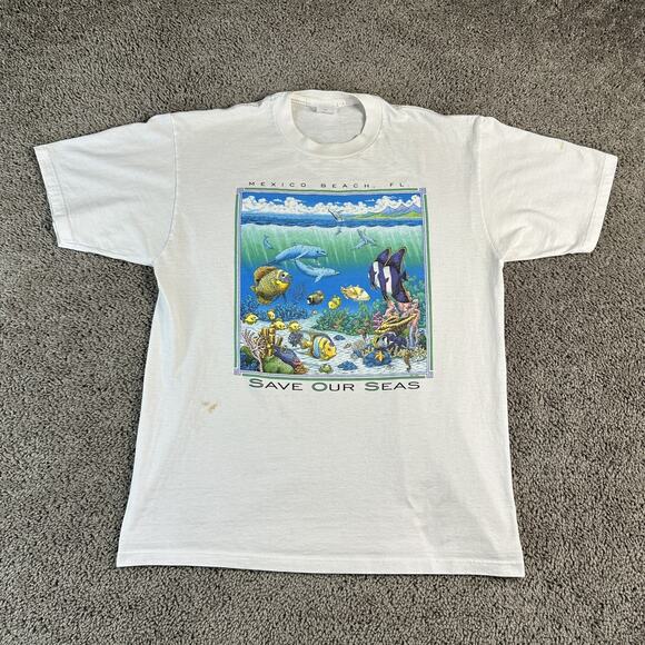 Vintage Save Our Seas Shirt Mens Large Mexico Beach FL Dolphins Ocean 90s Tee - Picture 1 of 11